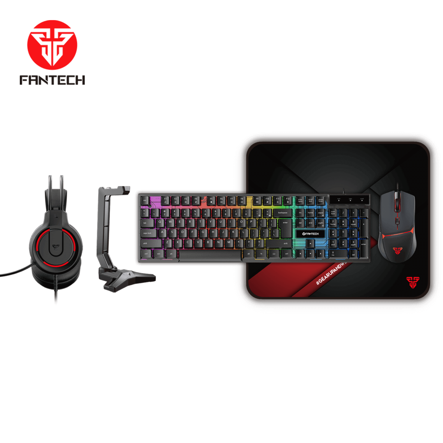 Fantech P51 5 in 1 gaming combo, includes keyboard, mouse, headset, mousepad, and headset stand.
 Fantech P51 5 in 1 gaming combo, includes keyboard, mouse, headset, mousepad, and headset stand.